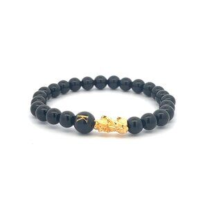 18K Gold Pixiu Piyao Bracelet Gemstone Onyx 6mm Elastic Bracelet Letter K